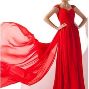 Watteau Train Chiffon Evening Dress w/ Bead Detail